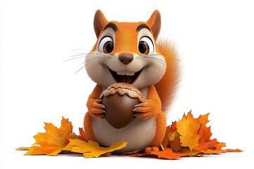 a 2D cartoon illustration of a squirrel holding an acorn surrounded by autumn leaves white background © Thanyarat