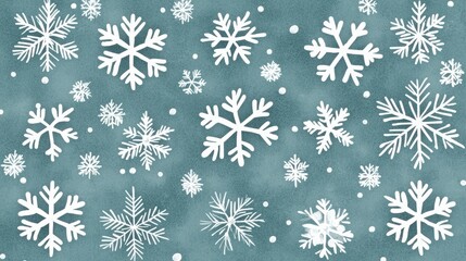 A serene background featuring white snowflakes of various sizes scattered across a muted teal backdrop, evoking a wintery, peaceful atmosphere.