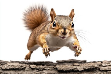 a 2D cartoon illustration of a squirrel jumping between branches playful and lively white background © Thanyarat