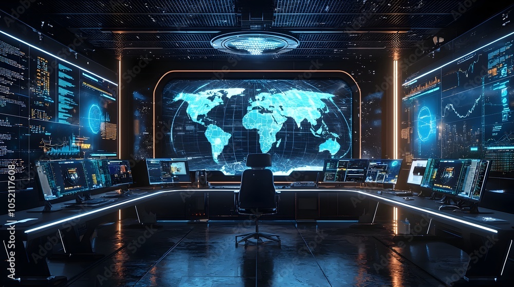 Poster virtual command center overseeing global and logistics with live data feeds and visualization