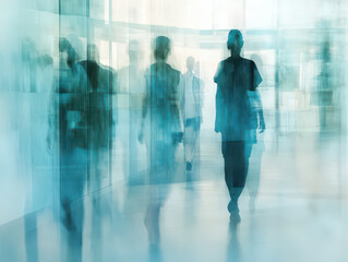 Abstract image of people walking in a modern, glass-walled corridor with a soft blue tint.