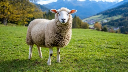 Obraz premium A single sheep standing in a peaceful green meadow, with wide fields and a mountain range faintly visible in the distance.