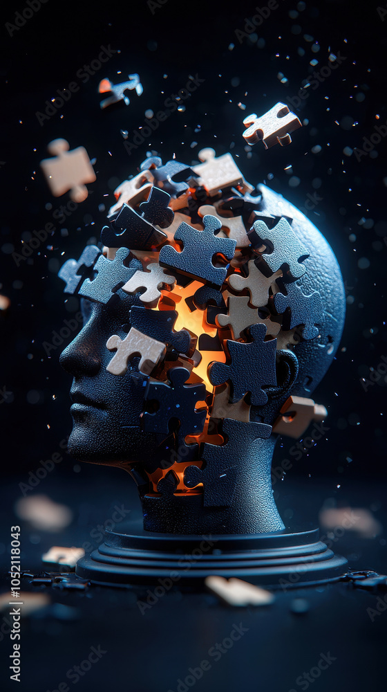 Poster striking abstract design of human head filled with puzzle pieces, symbolizing complexity and thought