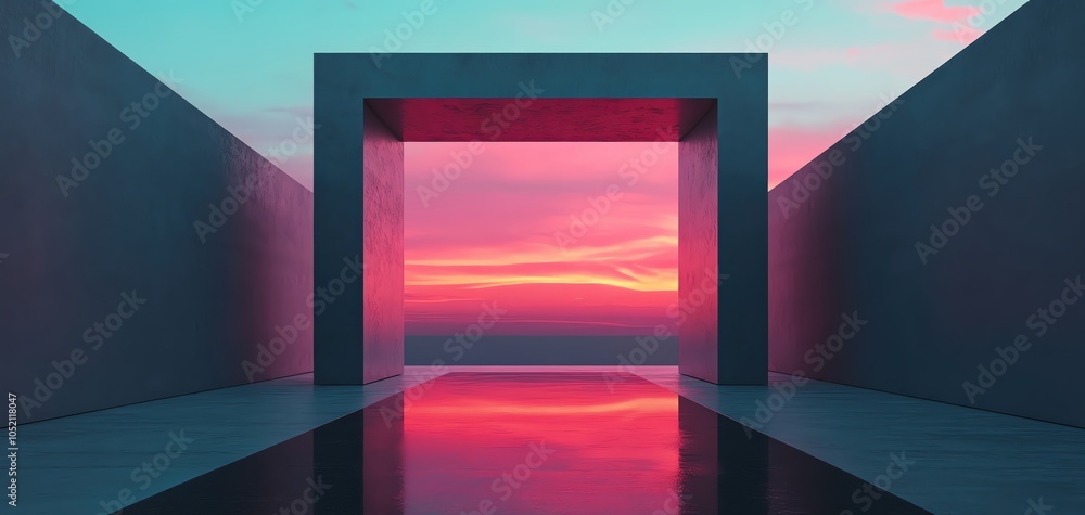Poster abstract pavilion with striking angular geometry, subtle lighting effects, and a vast, reflective su