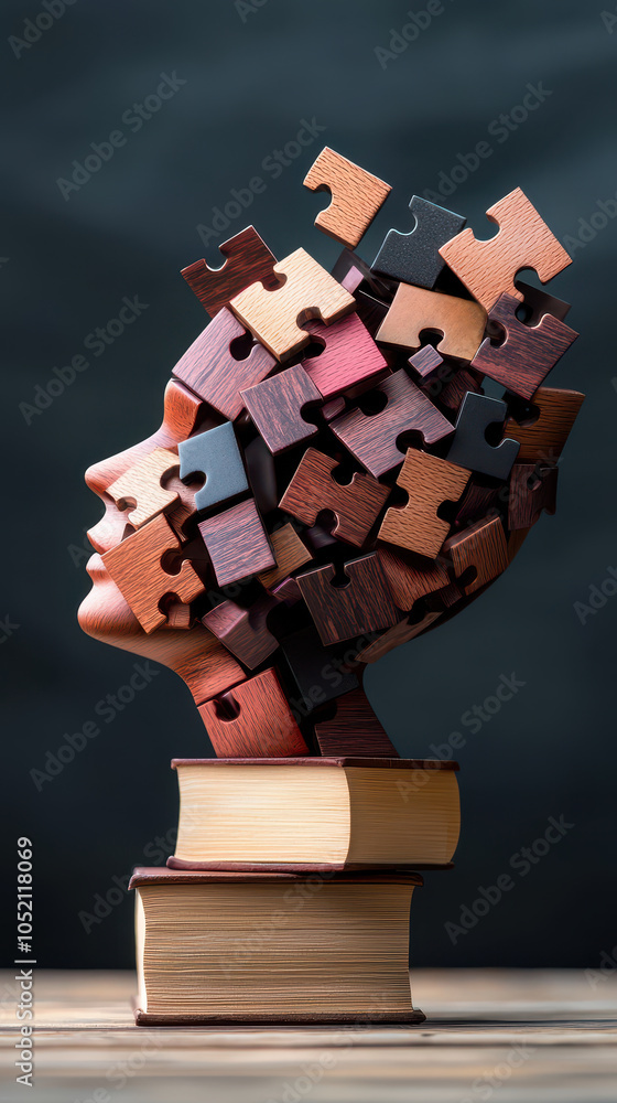 Aufkleber image showcases abstract design of human head composed of puzzle pieces, symbolizing complexity and 