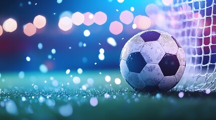 Soccer ball in front of goal net under blue lights.
