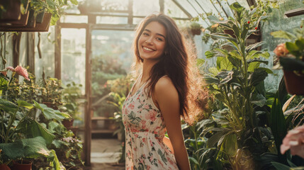 A young woman smiles joyfully in a sunlit greenhouse filled with vibrant plants and flowers during a warm afternoon