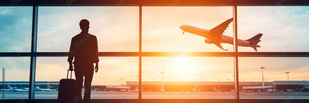 Poster businessman with a rolling suitcase is looking at an airplane taking off at sunset. the sun is shini