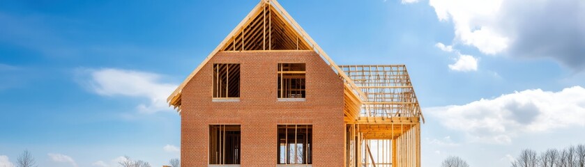 A modern wooden house under construction, showcasing framework and sky backdrop. Perfect for architecture and real estate themes.