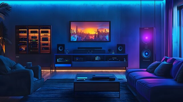 Cutting Edge Smart Home Entertainment Room with Immersive Surround Sound and AI Powered Customization