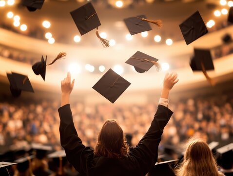 A jubilant graduate tosses their cap into the air, celebrating the momentous occasion of graduation in front of a cheering crowd.