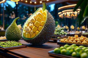 A 3D-illustrated scene of cashews, durian, and jackfruit displayed in a colorful, playful market setup with exaggerated textures
