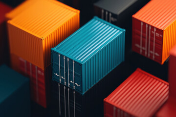 Aerial view of organized shipping containers in geometric layout, showcasing vibrant colors and modern design. arrangement creates visually striking pattern