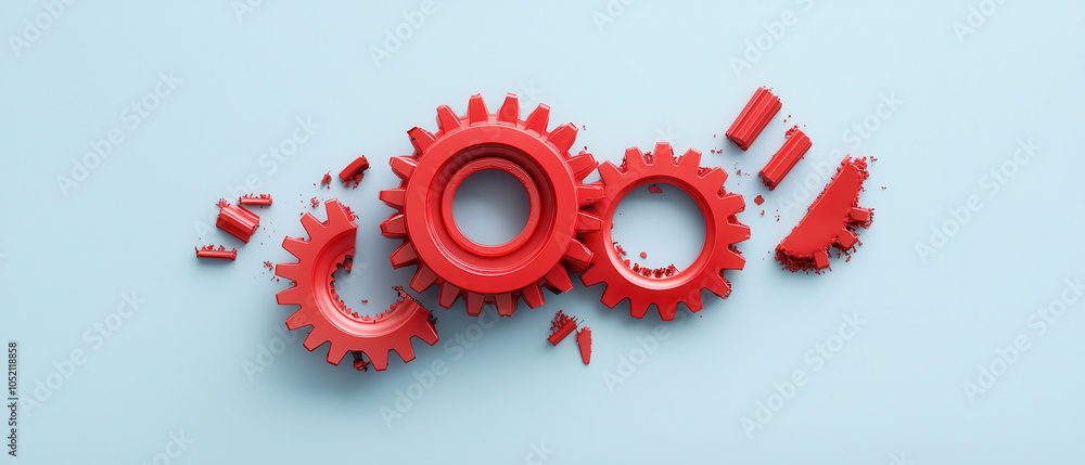 Poster artistic image of red gears and broken parts symbolizing mechanical failure and creativity. vibrant 
