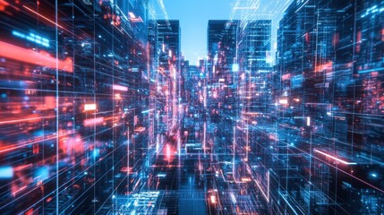 Obraz premium Futuristic digital cityscape with dynamic light trails