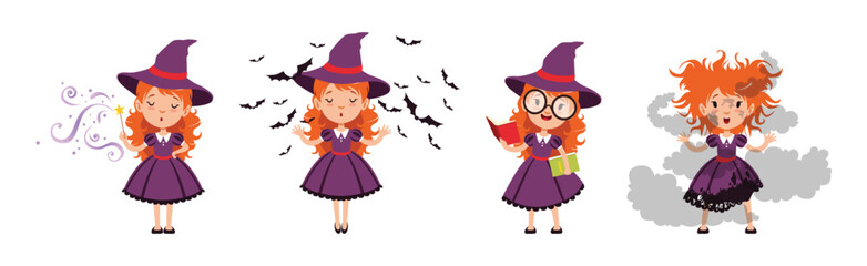 Little Girl Witch Character in Purple Pointed Hat Vector Set