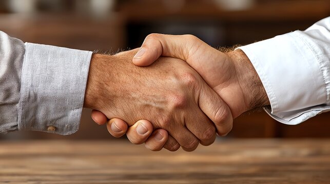 A closeup of two hands shaking across a table in a consulting meeting, handshake, business agreement