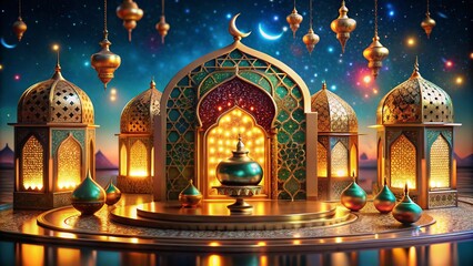 Obraz premium Realistic 3D Islamic Celebration with Ornate Podium and Vibrant Decorations for Festive Events