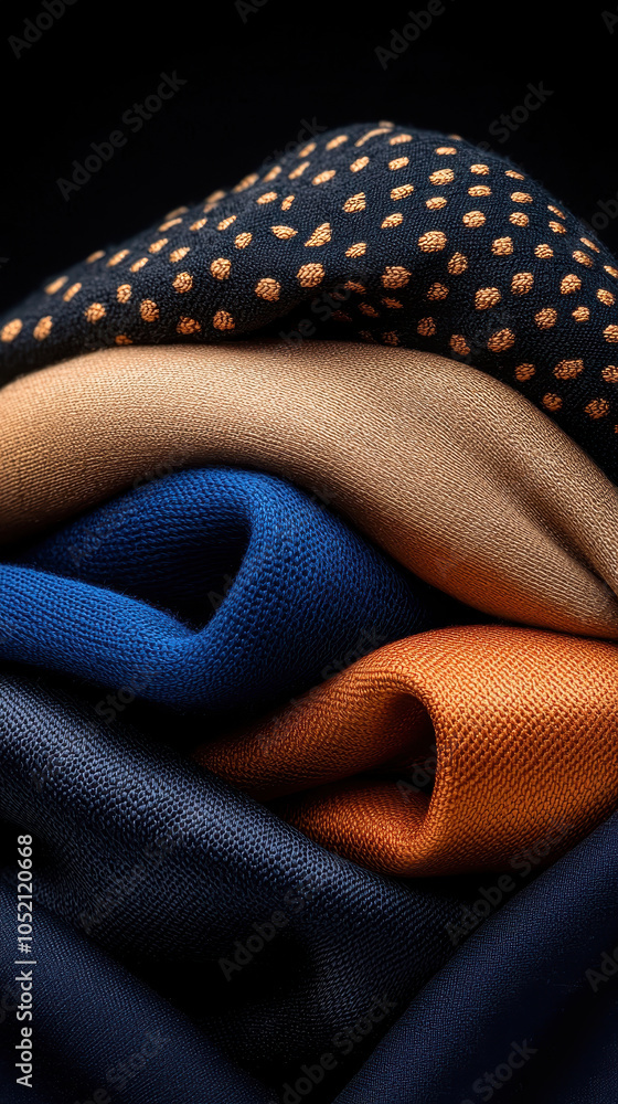 Poster close up of fabric textures showcasing various patterns and colors, including polka dots and solid h