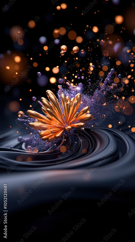 Poster stunning close up of abstract flower like shape in vibrant orange and purple hues, surrounded by swi