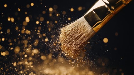 Close-up of a brush lightly touching shimmering swatch powders, with loose powder particles creating a soft, floating effect.
