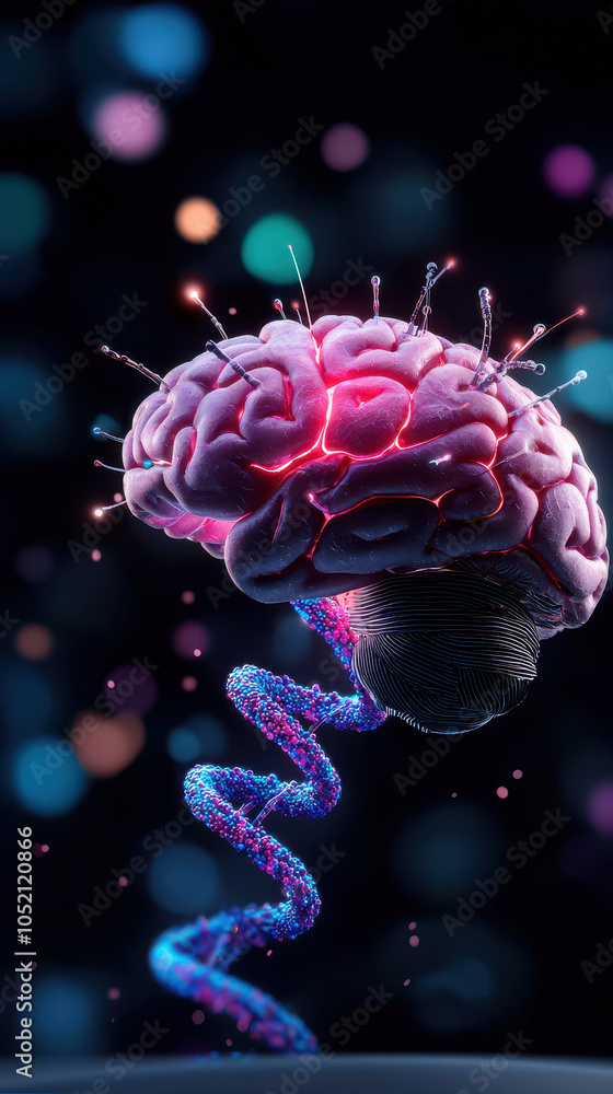 Poster digital representation of brain intertwined with dna helix, symbolizing fusion of intelligence and g