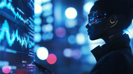 Financial market AI assistant A holographic AI assistant displaying stock market trends, investment options, and personalized financial advice