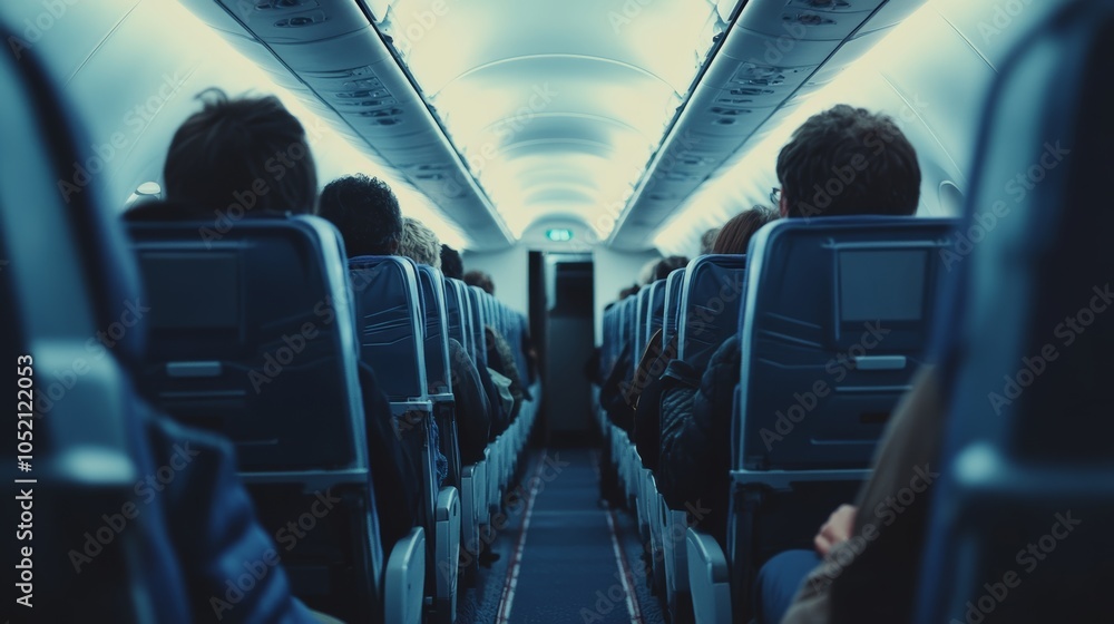 Poster airplane cabin view with passengers sitting on their seats during a flight. the photo transmits a se