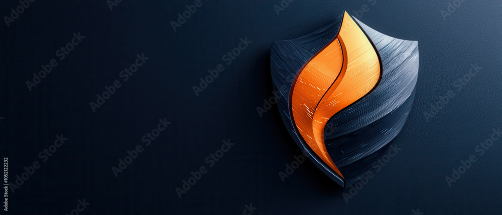 Poster modern shield design featuring layered textures and vibrant orange accent, symbolizing protection an