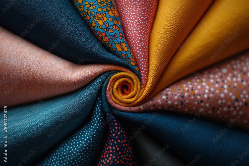 Poster vibrant fabric swatches arranged in spiral pattern showcase variety of colors and textures, creating