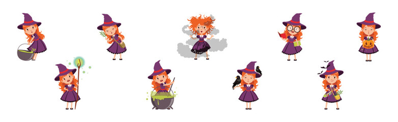 Little Girl Witch Character in Purple Pointed Hat Vector Set