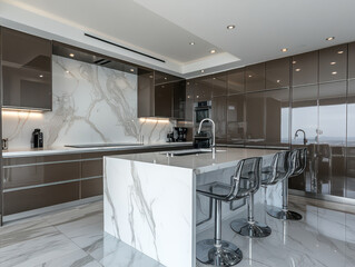 Sleek modern kitchen with marble island and high gloss cabinetry featuring chrome stools and integrated appliances.