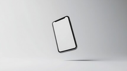 A black smartphone with a white screen is floating in mid-air against a white background.