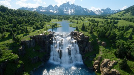 Fototapeta premium Majestic Waterfall in Mountain Landscape with Forest Lake and Snowy Peaks