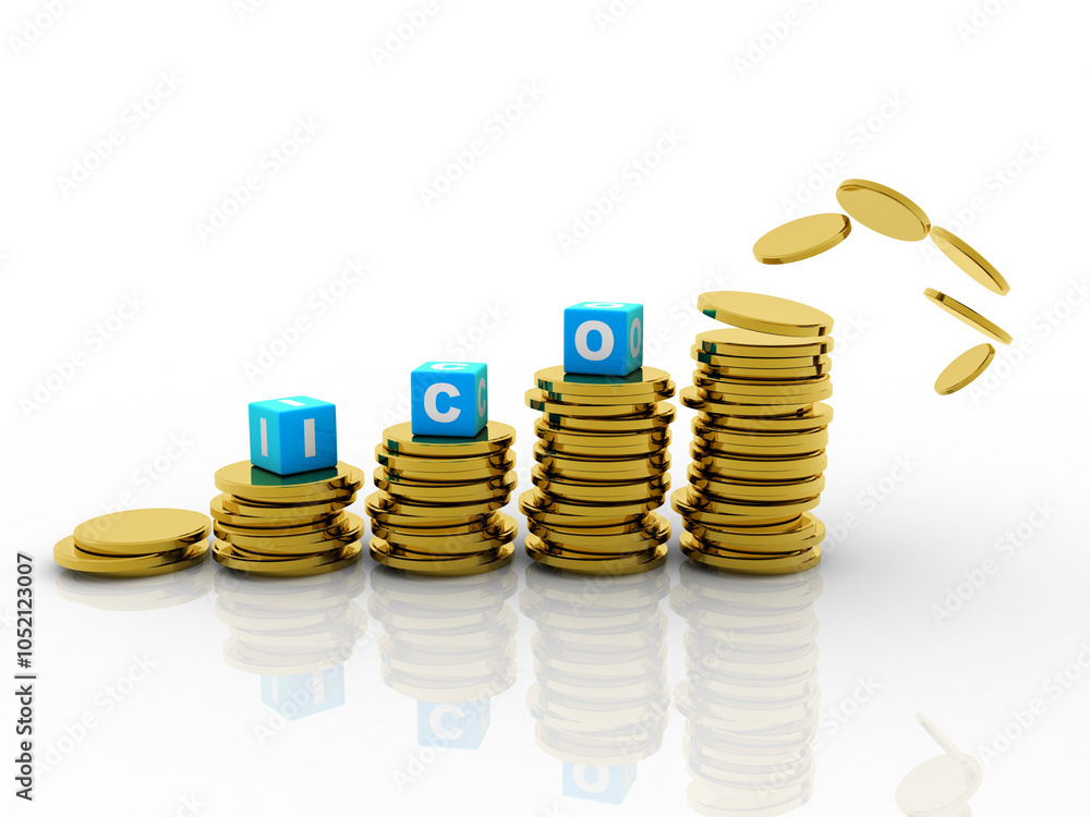 Poster 3d rendering initial coin offering with gold coin