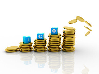 3d rendering Initial coin offering with gold coin