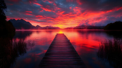 Fototapeta premium Scenic Lake Sunrise with Wooden Dock - Realistic Landscape Photography