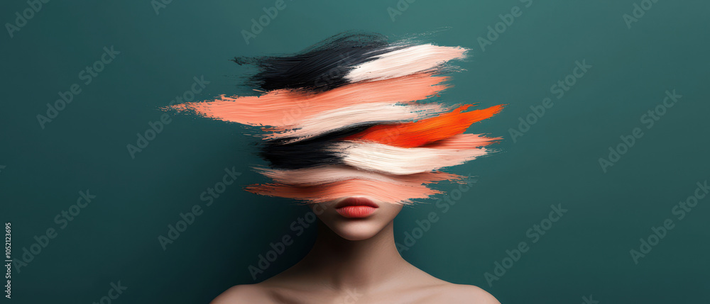 Poster portrait of person with overlapping emotions, featuring abstract brush strokes in muted colors. artw