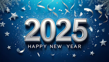 Happy New Year 2025 background / card in blue, red and pink with gold lettering and silver lettering,