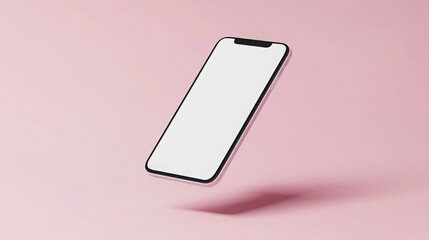 A sleek smartphone appears to float against a soft pink background, featuring a completely blank screen. The minimalist aesthetic emphasizes the device's modern design and elegance.