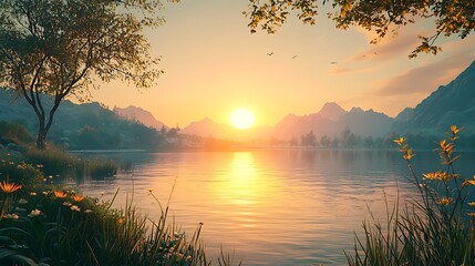 Calm Sunset Over Serene Lake Landscape