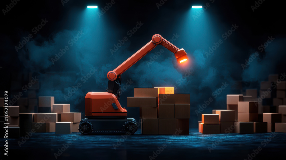 Poster robotic arm sorting boxes in dimly lit warehouse, illuminated by blue lights, creates futuristic atm