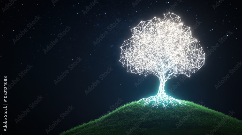 Poster a glowing tree stands on a hill, illuminated by intricate light patterns against a dark starry sky, 