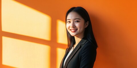 Fototapeta premium Professional portrait photography, single Chinese woman smiling at camera positioned on the right side of frame, vibrant orange background, soft window shadow on background, studio lighting, business 