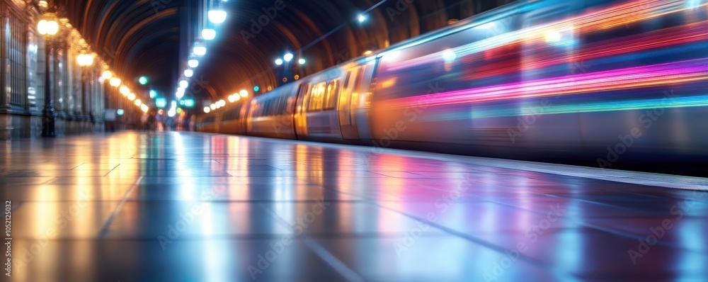 Poster a dynamic view of a train speeding through a vibrant station, showcasing reflections and colorful li