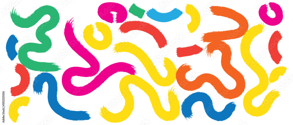 Poster multi colored squiggles with circles seamless pattern. brush drawn bold curved lines, waves and swir