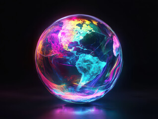 A vibrant, futuristic depiction of Earth glowing with neon lights against a dark background, showcasing North and South America.