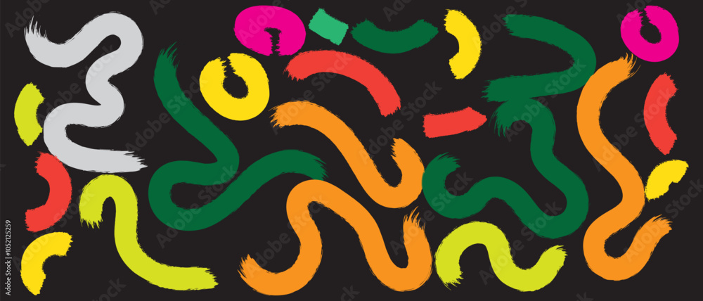 Aufkleber multi colored squiggles with circles seamless pattern. brush drawn bold curved lines, waves and swir