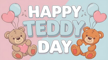 Happy Teddy Day Greeting with Two Teddy Bears and Balloons