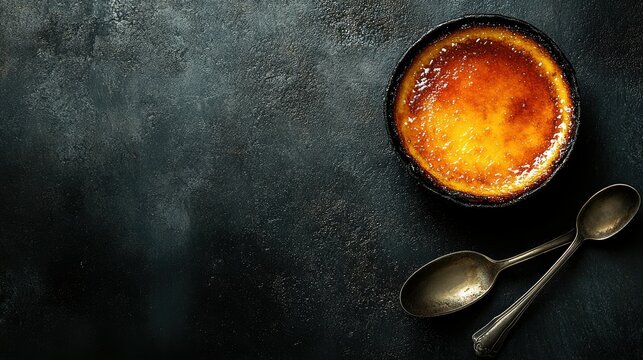 An elegant crame brack dessert, caramelized top, spoon beside, text area